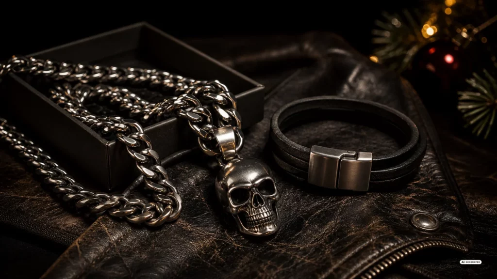 Biker-Schmuck aus Edelstahl: Panzerkette mit Totenkopf-Anhänger und Lederarmband