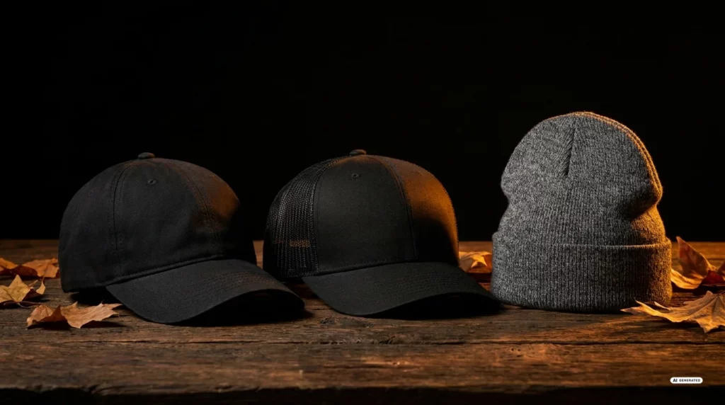 Baseball Cap, Trucker Cap und Strickmütze auf dunklem Untergrund