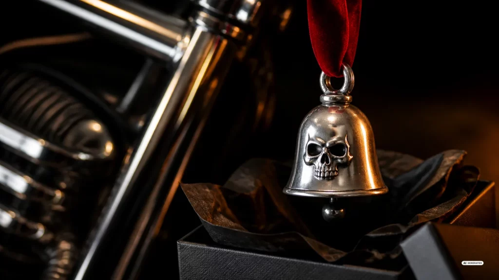 Guardian Bell mit Totenkopf-Motiv an rotem Band über einer Geschenkbox