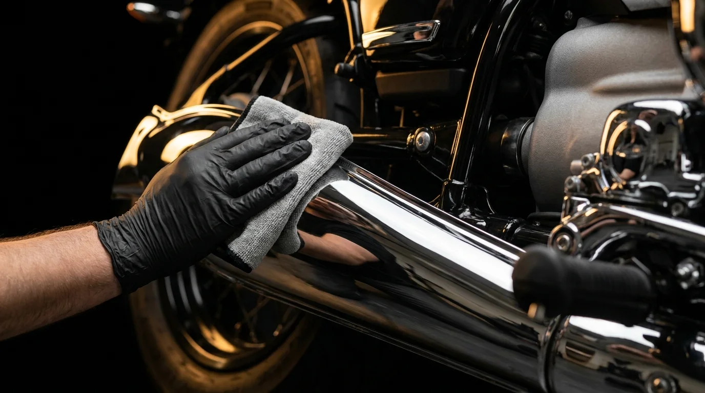 Verchromter Auspuff einer Harley-Davidson wird mit einem Tuch poliert