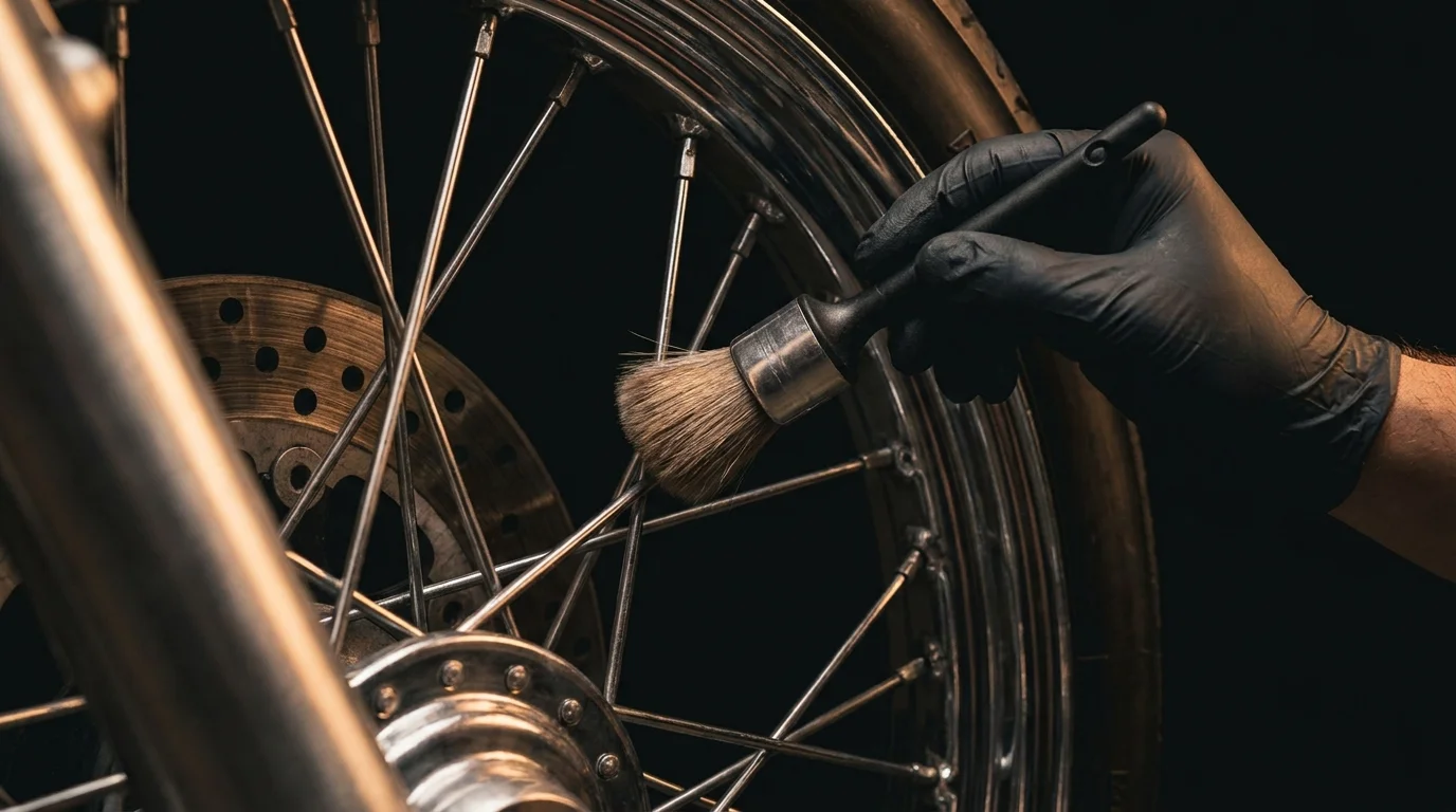 Speichenfelge eines Motorrads wird mit einer Detailbürste vom Bremsstaub befreit