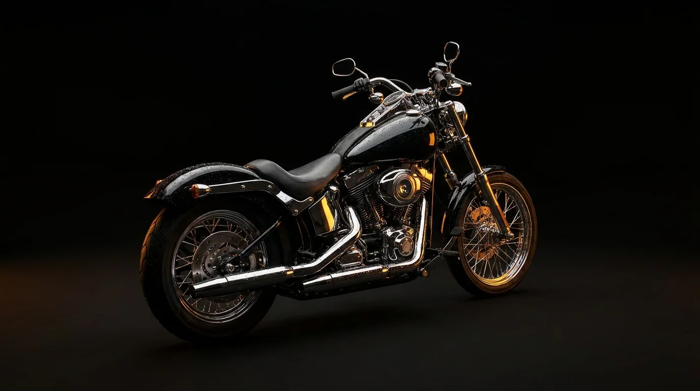 Harley-Davidson mit frisch gereinigtem Lack und glänzendem Chrom vor dunklem Studio-Hintergrund