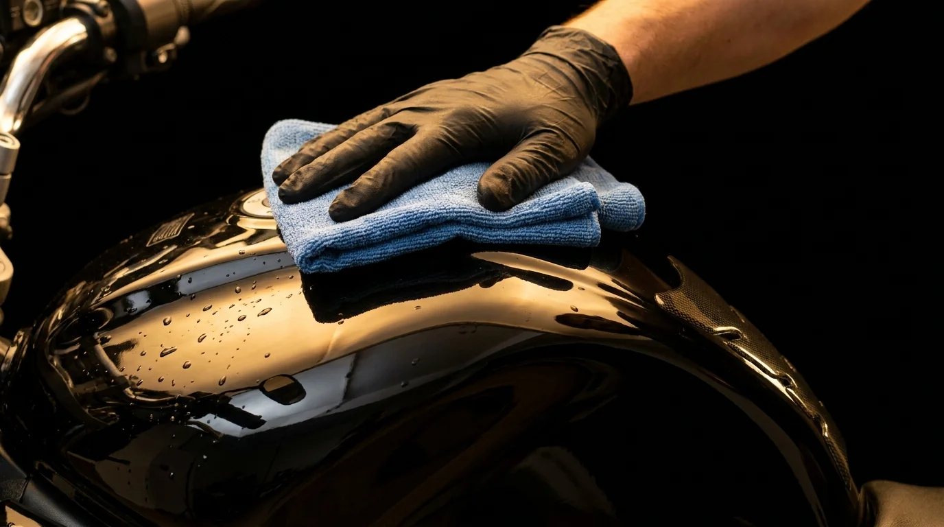 Glänzender schwarzer Motorradtank einer Harley wird mit einem Mikrofasertuch gereinigt