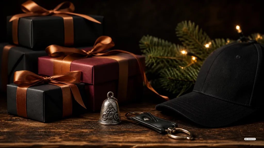 Verpackte Weihnachtsgeschenke mit Guardian Bell, Schlüsselanhänger und Cap auf einer dunklen Werkbank