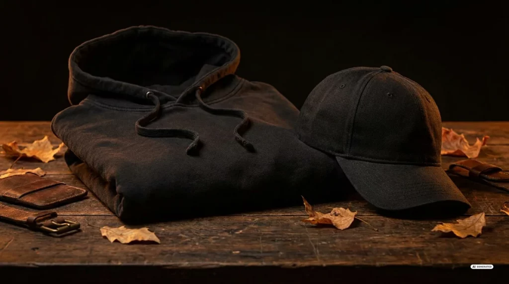 Harley-Davidson Hoodie und Cap im dunklen Studiolicht als Herbst-Outfit