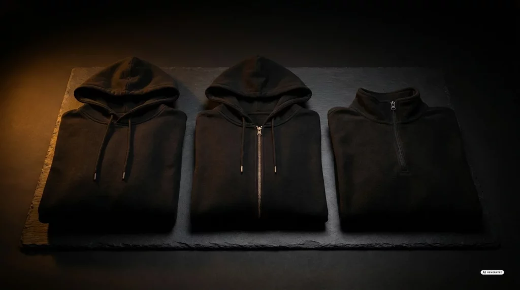 Drei Hoodie-Varianten nebeneinander: Pullover-Hoodie, Zip-Hoodie und Viertel-Zip-Fleece