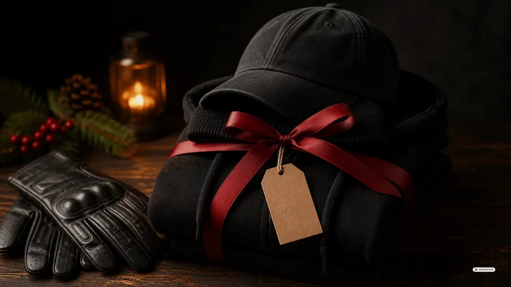 Hoodie, Beanie und Cap mit roter Schleife als Geschenk, daneben Motorradhandschuhe