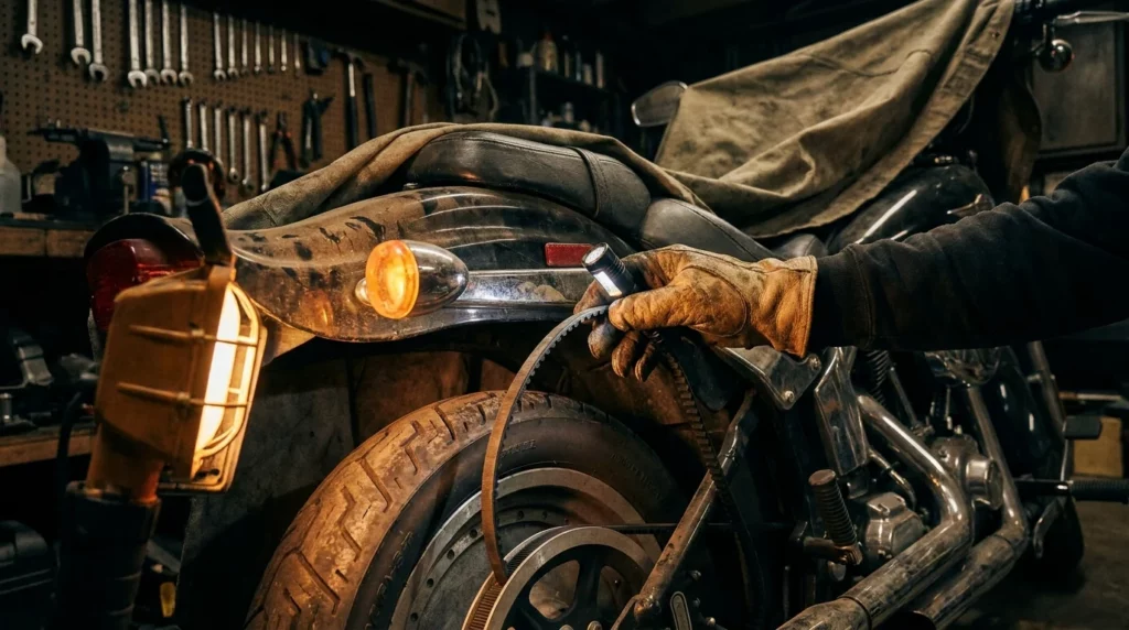 Kontrolle von Reifen und Riemen einer Harley vor der Tour
