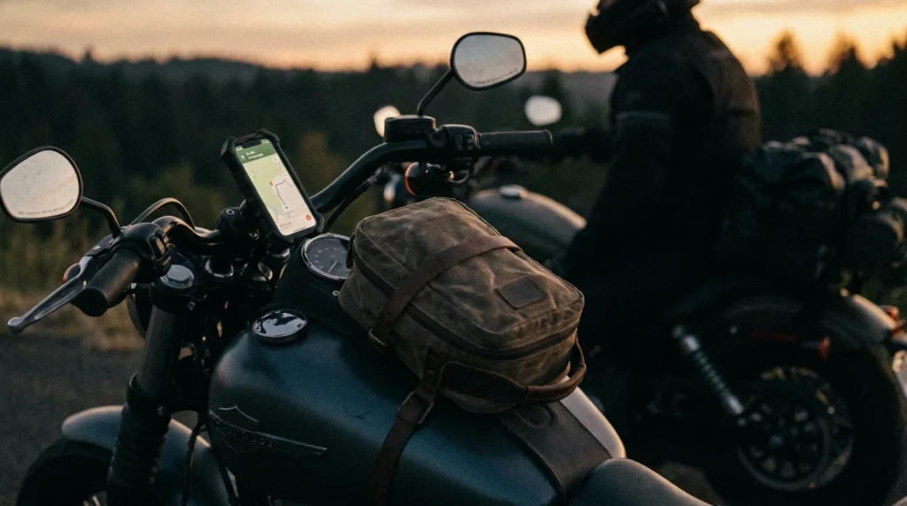 Tankrucksack mit Navi-Halterung auf einer Harley-Davidson
